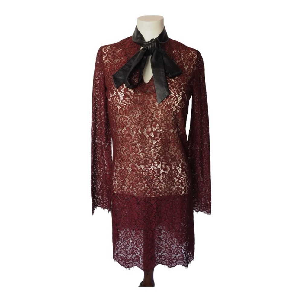Lamarque Scarlet Floral Lace Mesh Dress Leather Tie Neck Burgundy Black Size 2